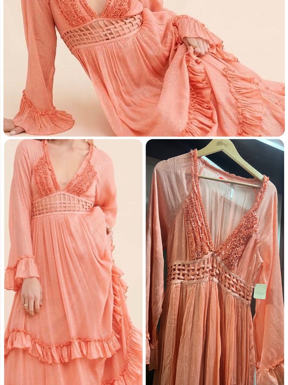 FREE PEOPLE Peach Ruffle V-Neck Long Sleeve Maxi Dress